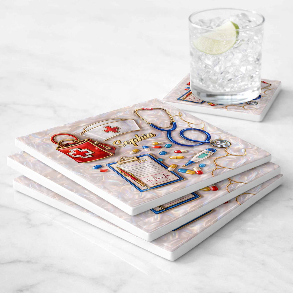 Personalized RN Medical Tools Coaster Custom Name Gift for Nurses Square Ceramic Coaster GradoCreations
