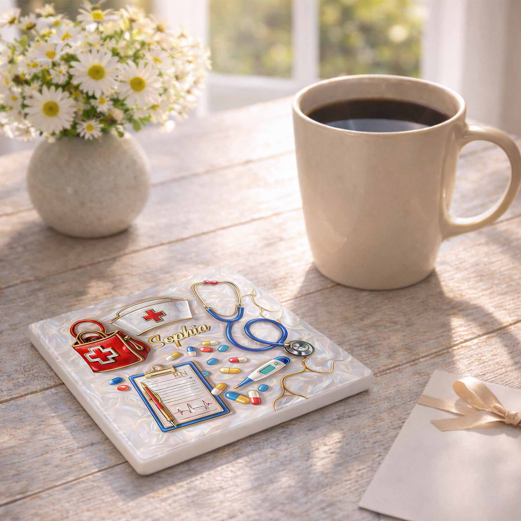 Personalized RN Medical Tools Coaster Custom Name Gift for Nurses Square Ceramic Coaster GradoCreations