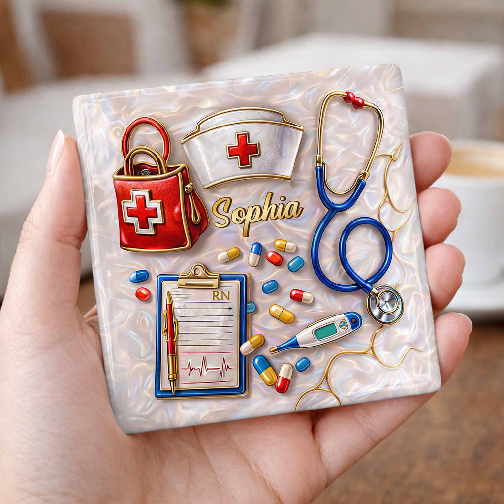 Personalized RN Medical Tools Coaster Custom Name Gift for Nurses Square Ceramic Coaster GradoCreations