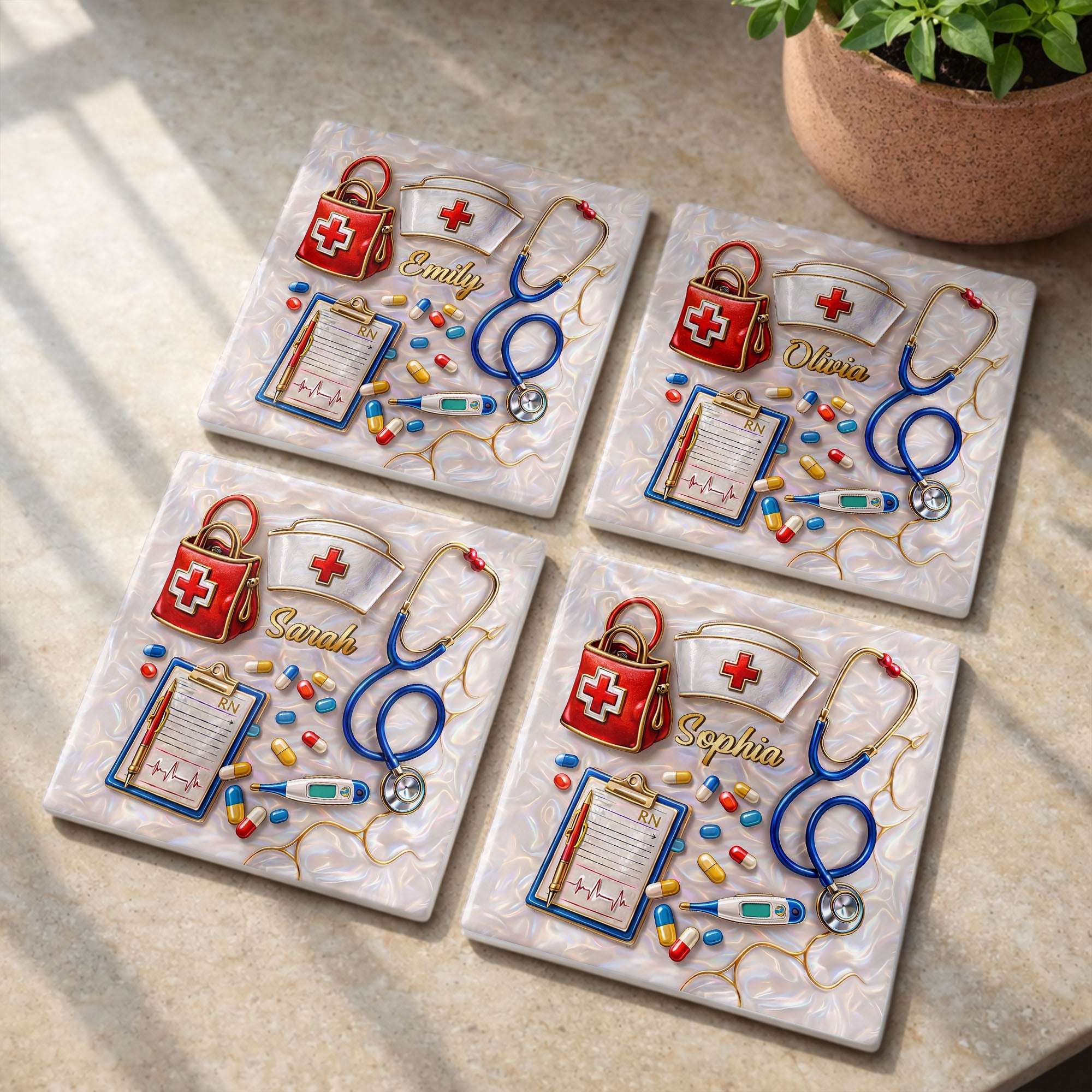 Personalized RN Medical Tools Coaster Custom Name Gift for Nurses Square Ceramic Coaster GradoCreations