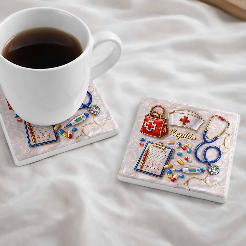 Personalized RN Medical Tools Coaster Custom Name Gift for Nurses Square Ceramic Coaster GradoCreations