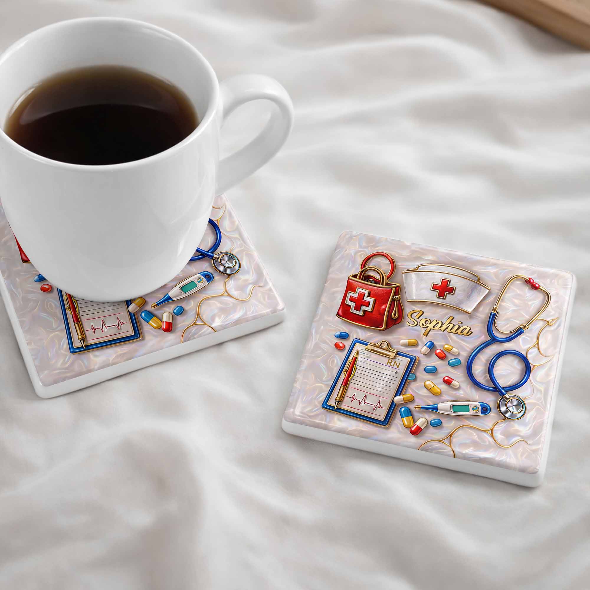 Personalized RN Medical Tools Coaster Custom Name Gift for Nurses Square Ceramic Coaster GradoCreations