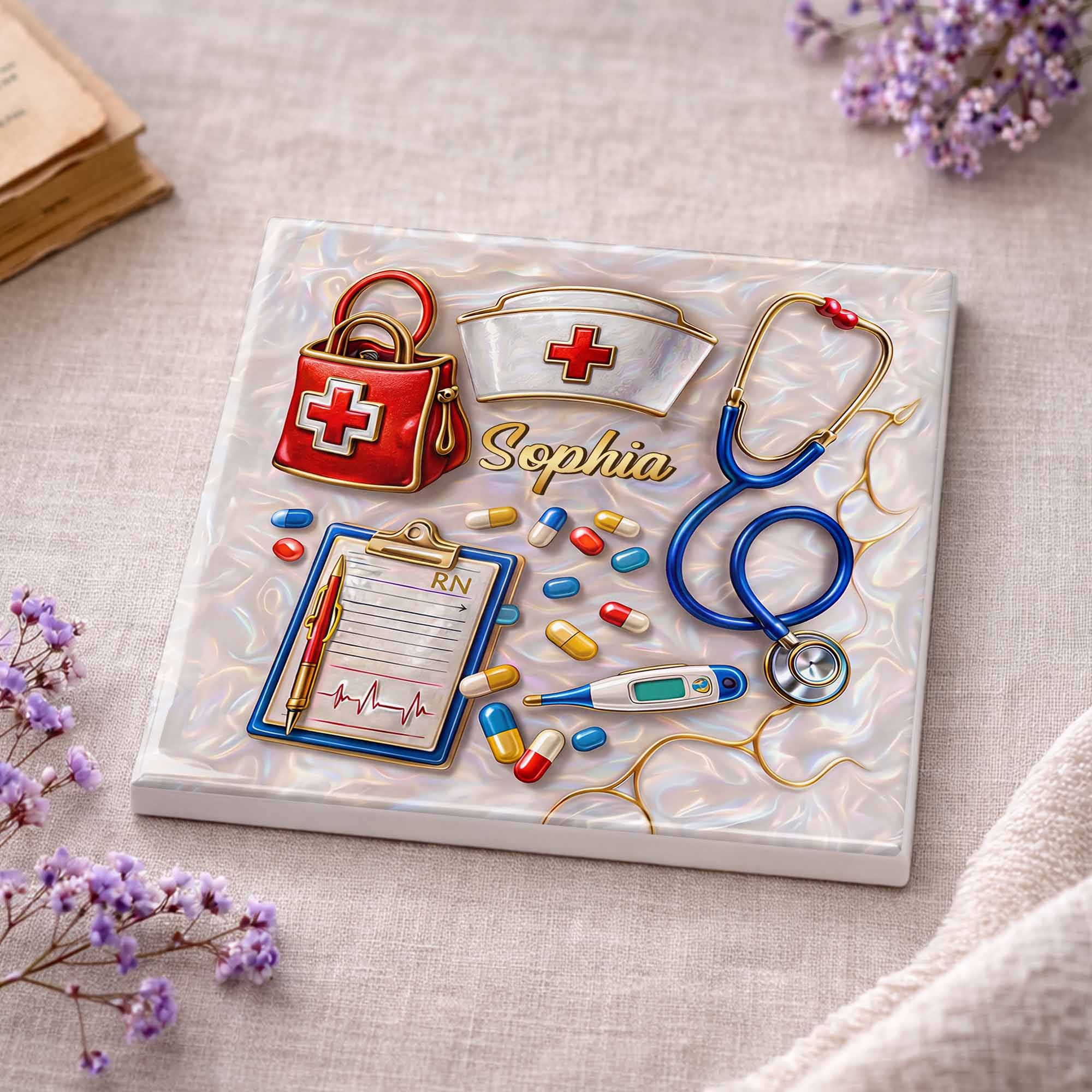 Personalized RN Medical Tools Coaster Custom Name Gift for Nurses Square Ceramic Coaster GradoCreations