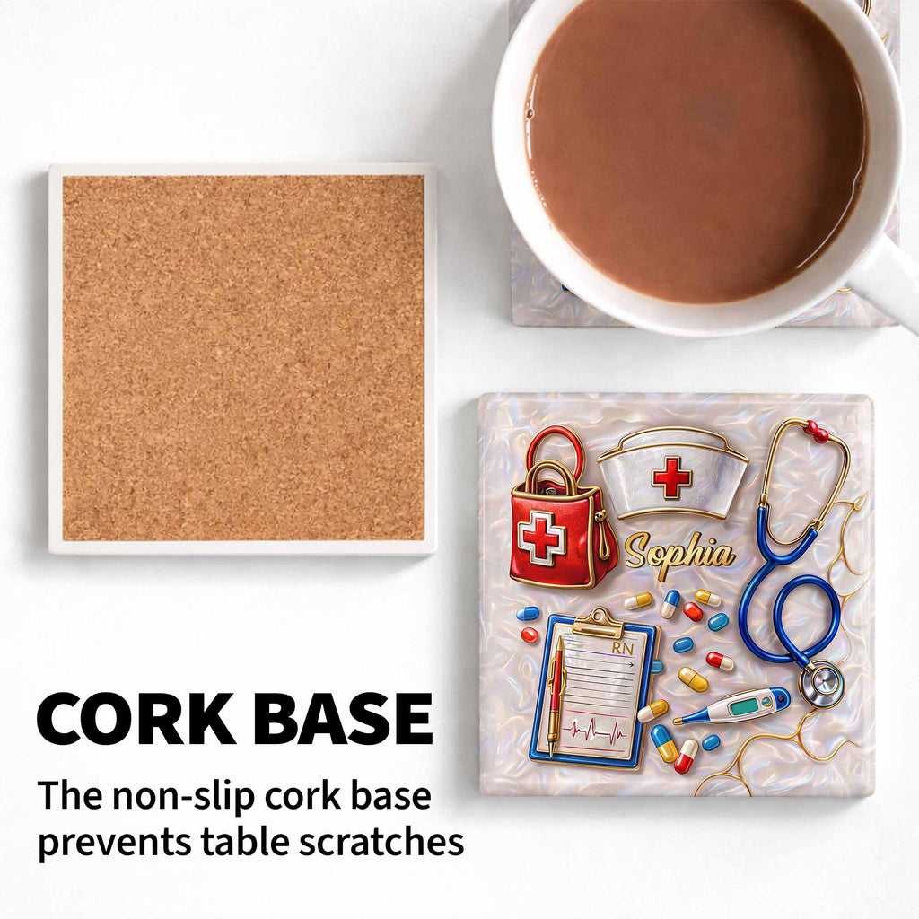 Personalized RN Medical Tools Coaster Custom Name Gift for Nurses Square Ceramic Coaster GradoCreations