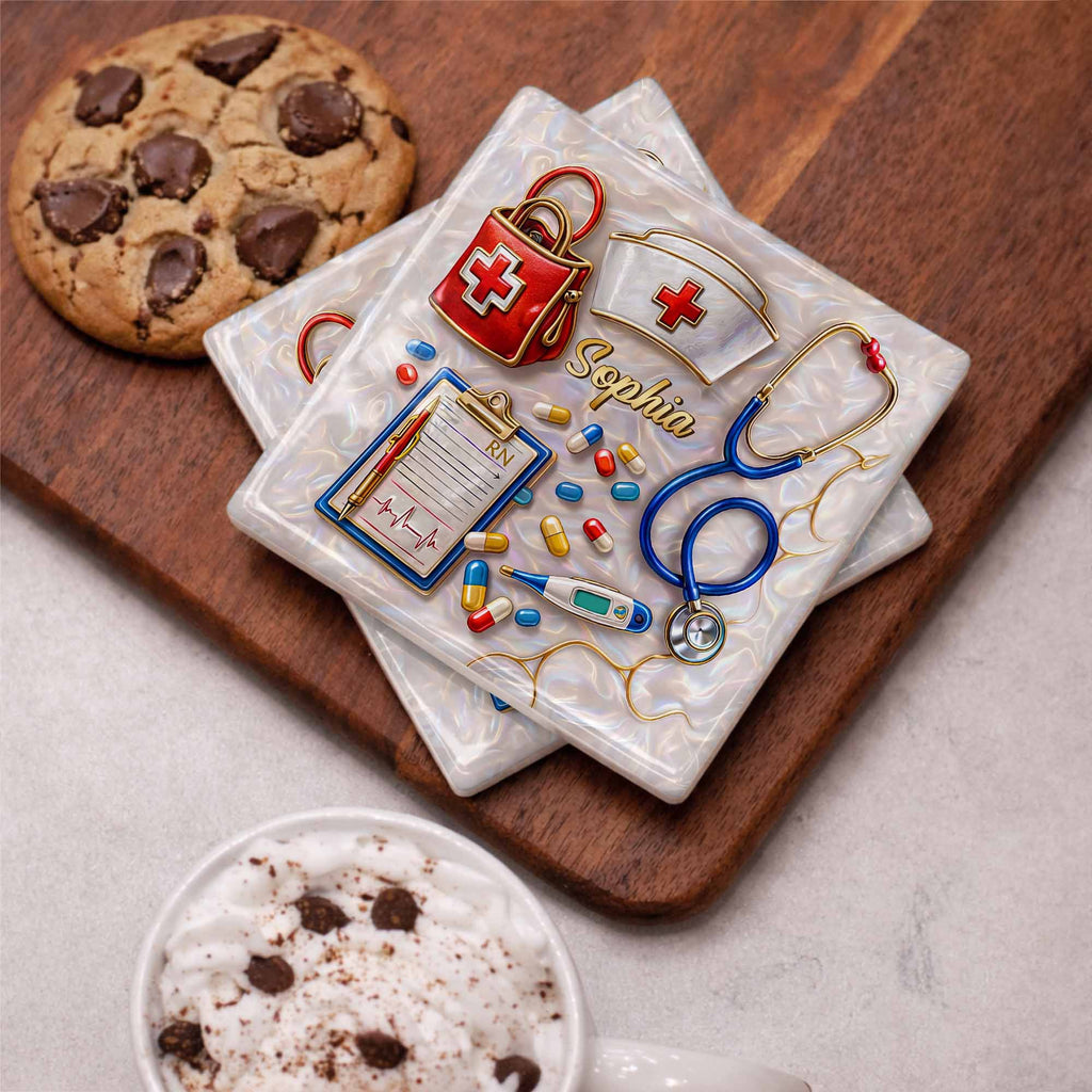 Personalized RN Medical Tools Coaster Custom Name Gift for Nurses Square Ceramic Coaster GradoCreations