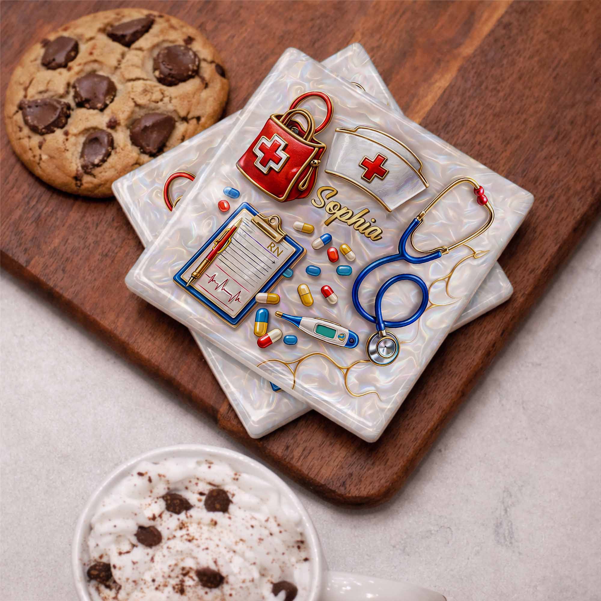 Personalized RN Medical Tools Coaster Custom Name Gift for Nurses Square Ceramic Coaster GradoCreations
