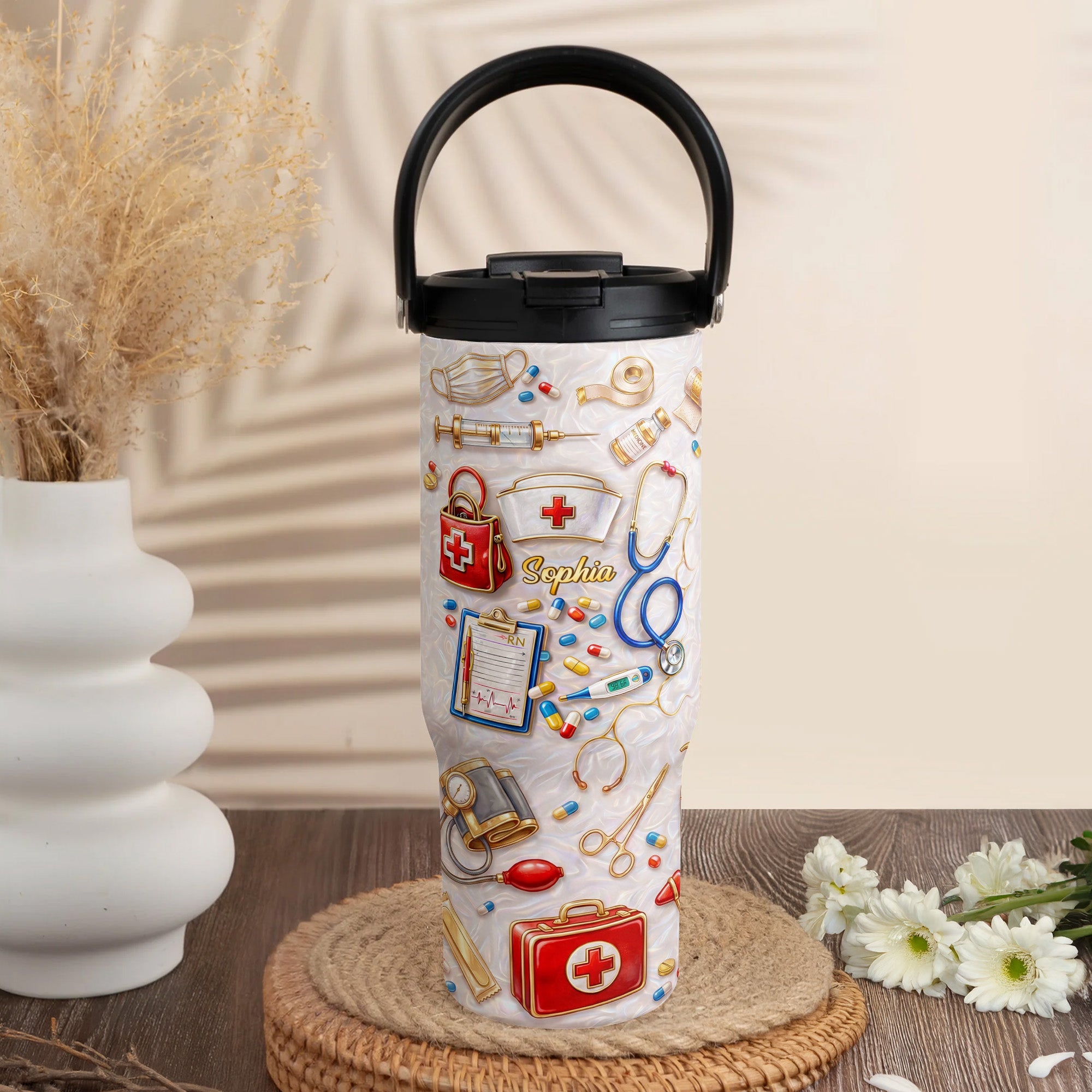 Personalized 30oz Tumbler for Nurses | Custom Name Gift Tumbler With Handle GradoCreations