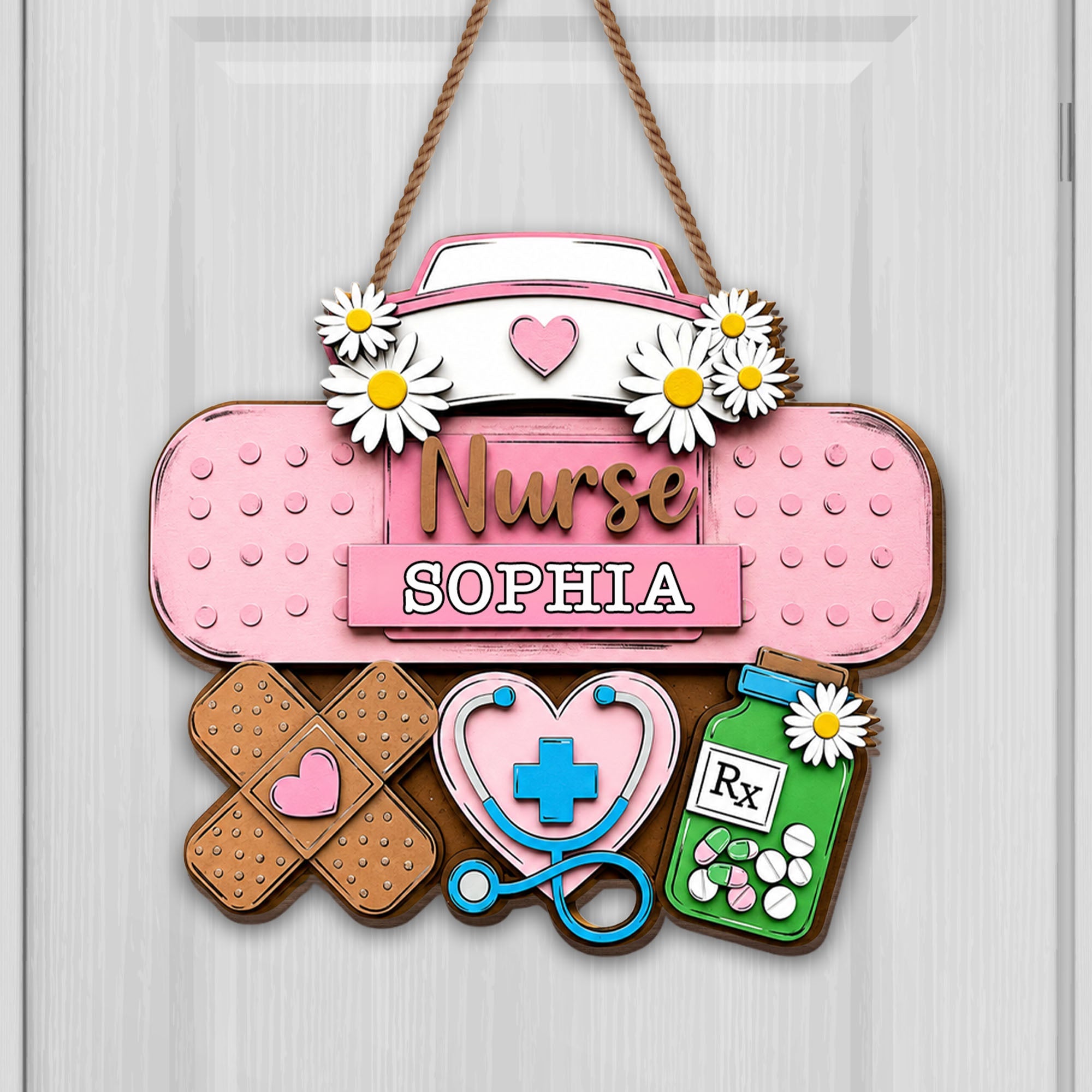 Personalized Nurse Sign Custom Name Daisy Flowers Wood Gift