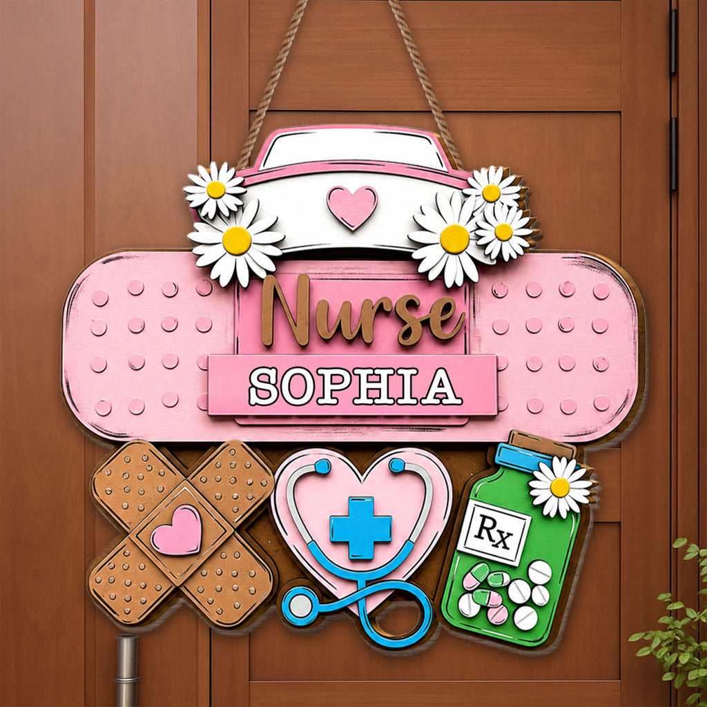 Personalized Nurse Sign Custom Name Daisy Flowers Wood Gift