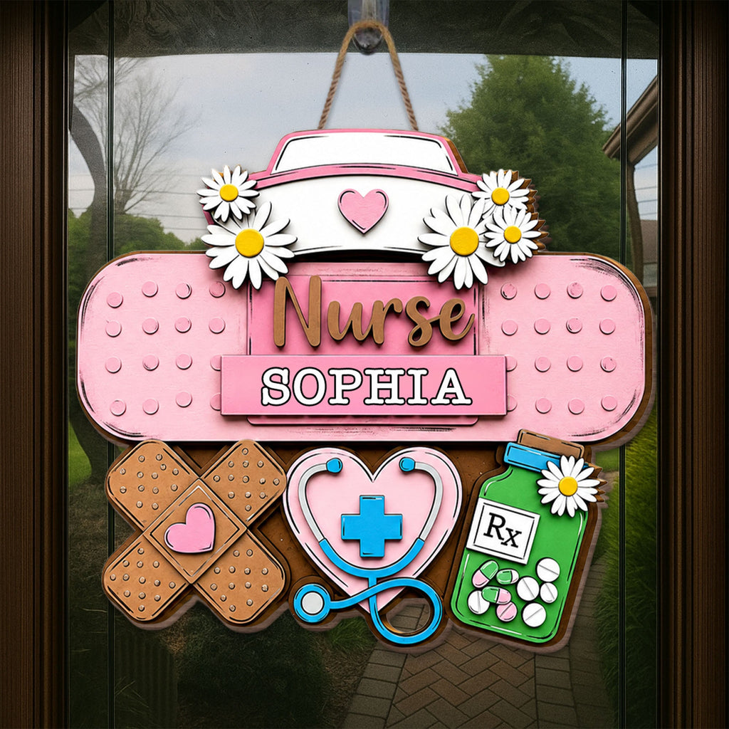 Personalized Nurse Sign Custom Name Daisy Flowers Wood Gift