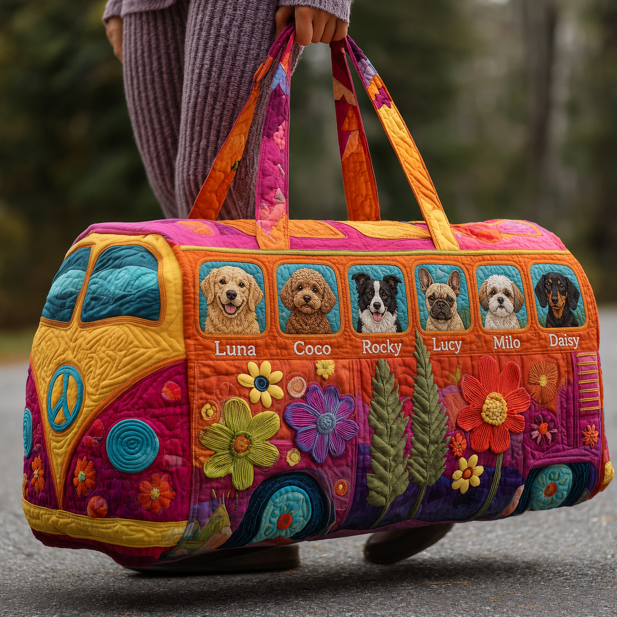 Quilted Dog Duffle Bag with Hippie Van Design | Gift for Dog Mom
