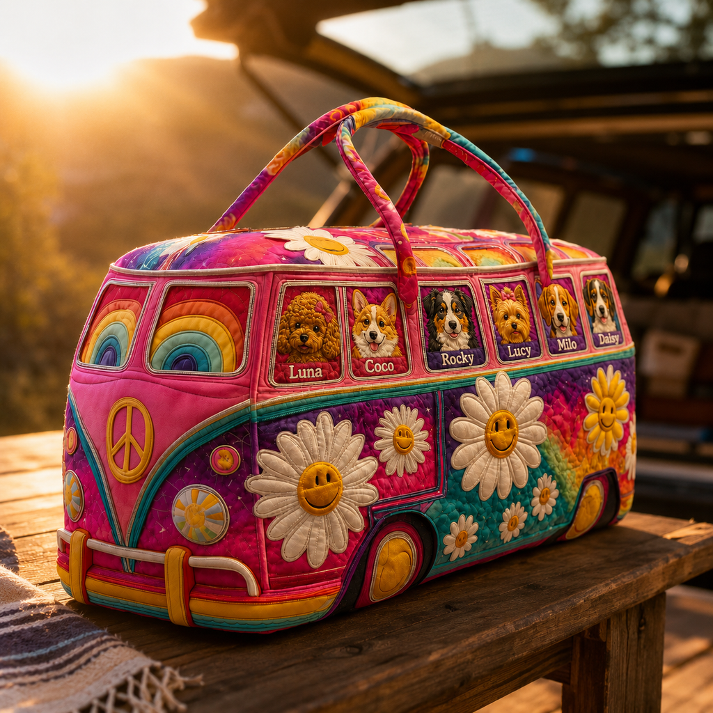 Quilted Dog Duffle Bag with Hippie Van Design | Gift for Dog Mom