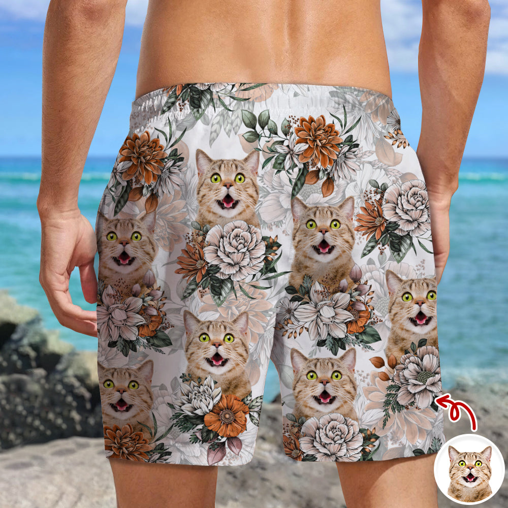 Personalized Cat Photo Floral Aloha Beach Shorts Gift for Cat Lovers HN590 - Beach-Shorts GradoCreations