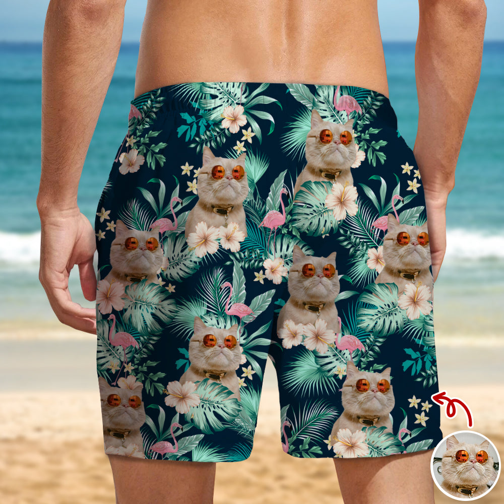 Personalized Cat Photo Aloha Beach Shorts Gift for Cat Lover HN590 - Beach-Shorts GradoCreations