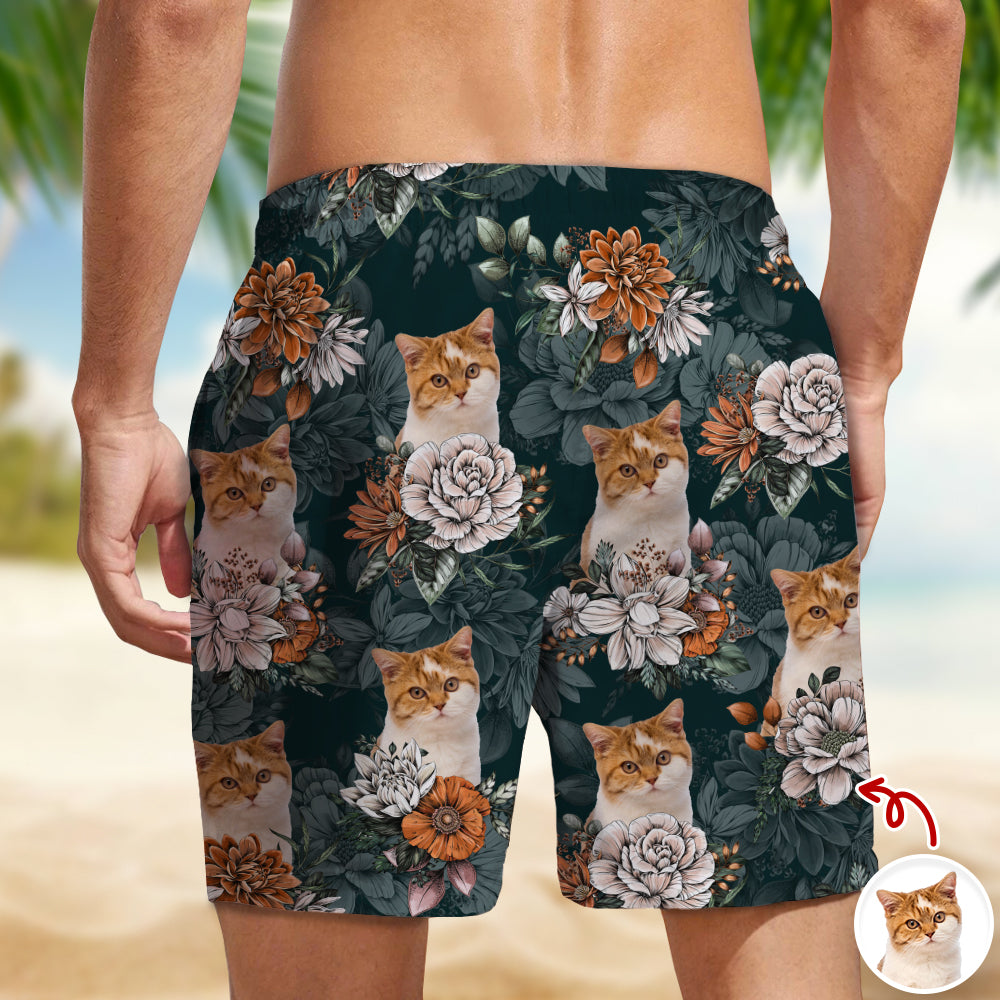 Personalized Cat Photo Floral Aloha Beach Shorts Gift for Cat Lovers HN590 - Beach-Shorts GradoCreations