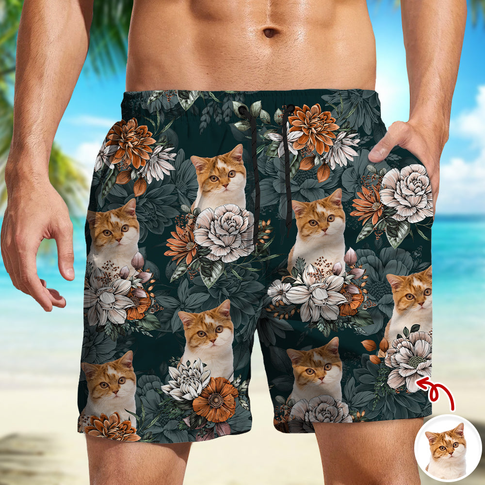 Personalized Cat Photo Floral Aloha Beach Shorts Gift for Cat Lovers HN590 - Beach-Shorts GradoCreations