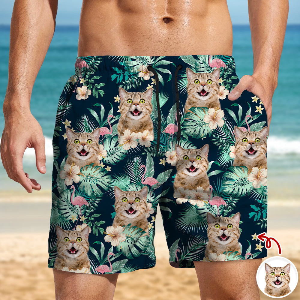 Personalized Cat Photo Aloha Beach Shorts Gift for Cat Lover HN590 - Beach-Shorts GradoCreations