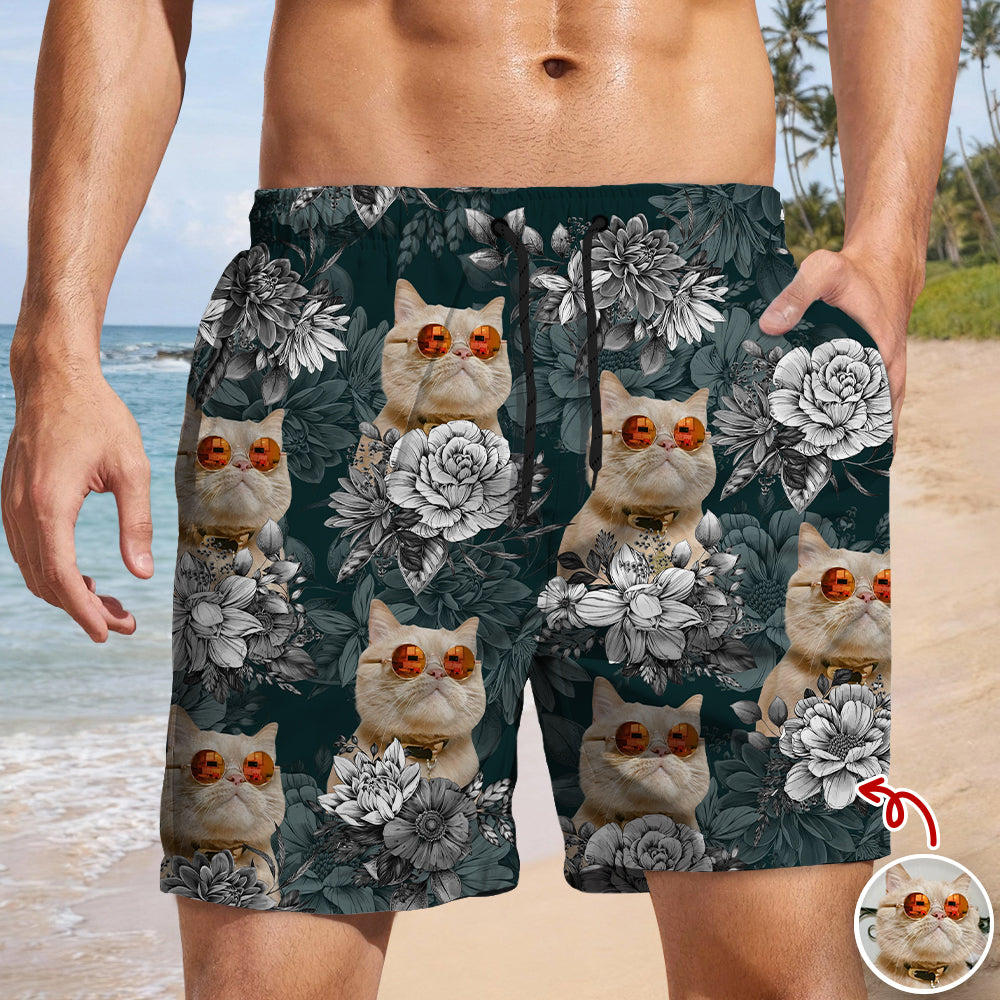 Personalized Cat Photo Floral Aloha Beach Shorts Gift for Cat Lovers HN590 - Beach-Shorts GradoCreations