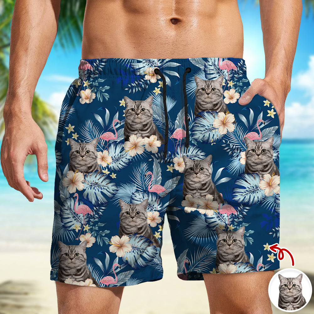 Personalized Cat Photo Aloha Beach Shorts Gift for Cat Lover HN590 - Beach-Shorts GradoCreations