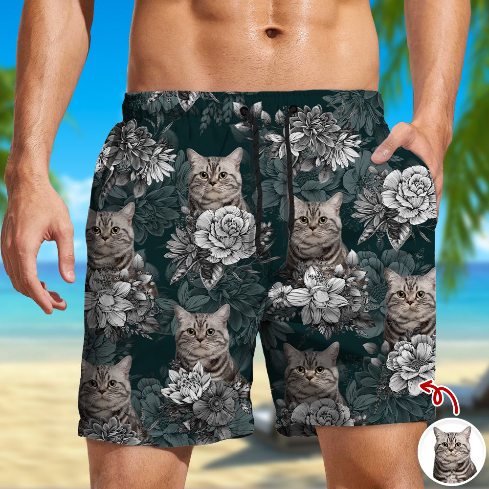 Personalized Cat Photo Floral Aloha Beach Shorts Gift for Cat Lovers HN590 - Beach-Shorts GradoCreations