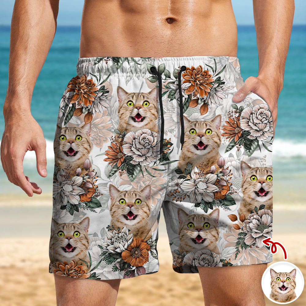 Personalized Cat Photo Floral Aloha Beach Shorts Gift for Cat Lovers HN590 - Beach-Shorts GradoCreations
