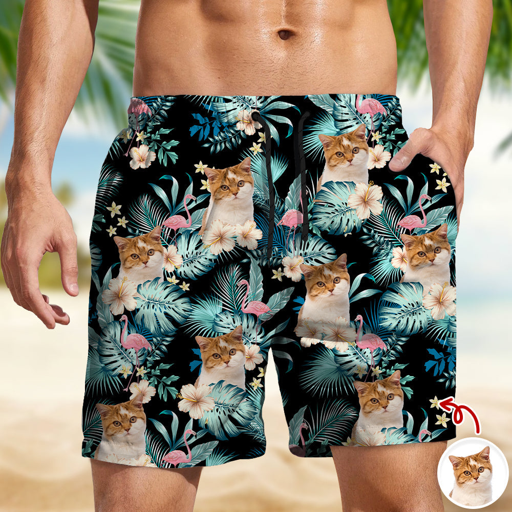 Personalized Cat Photo Aloha Beach Shorts Gift for Cat Lover HN590 - Beach-Shorts GradoCreations