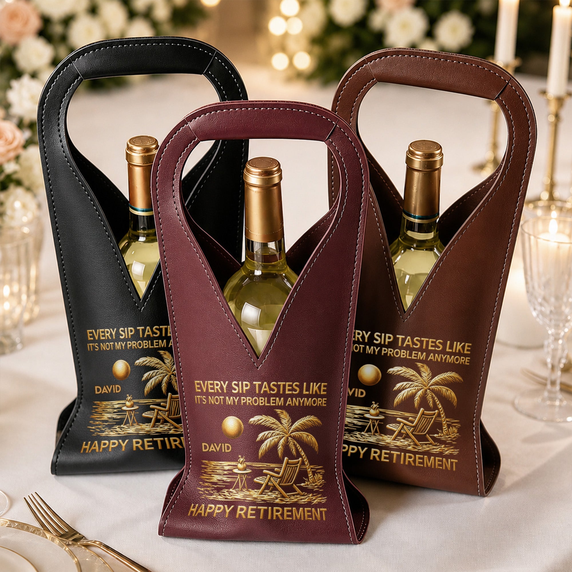 Personalized Leather Wine Bag Custom Name Beach Gift for Retirement
