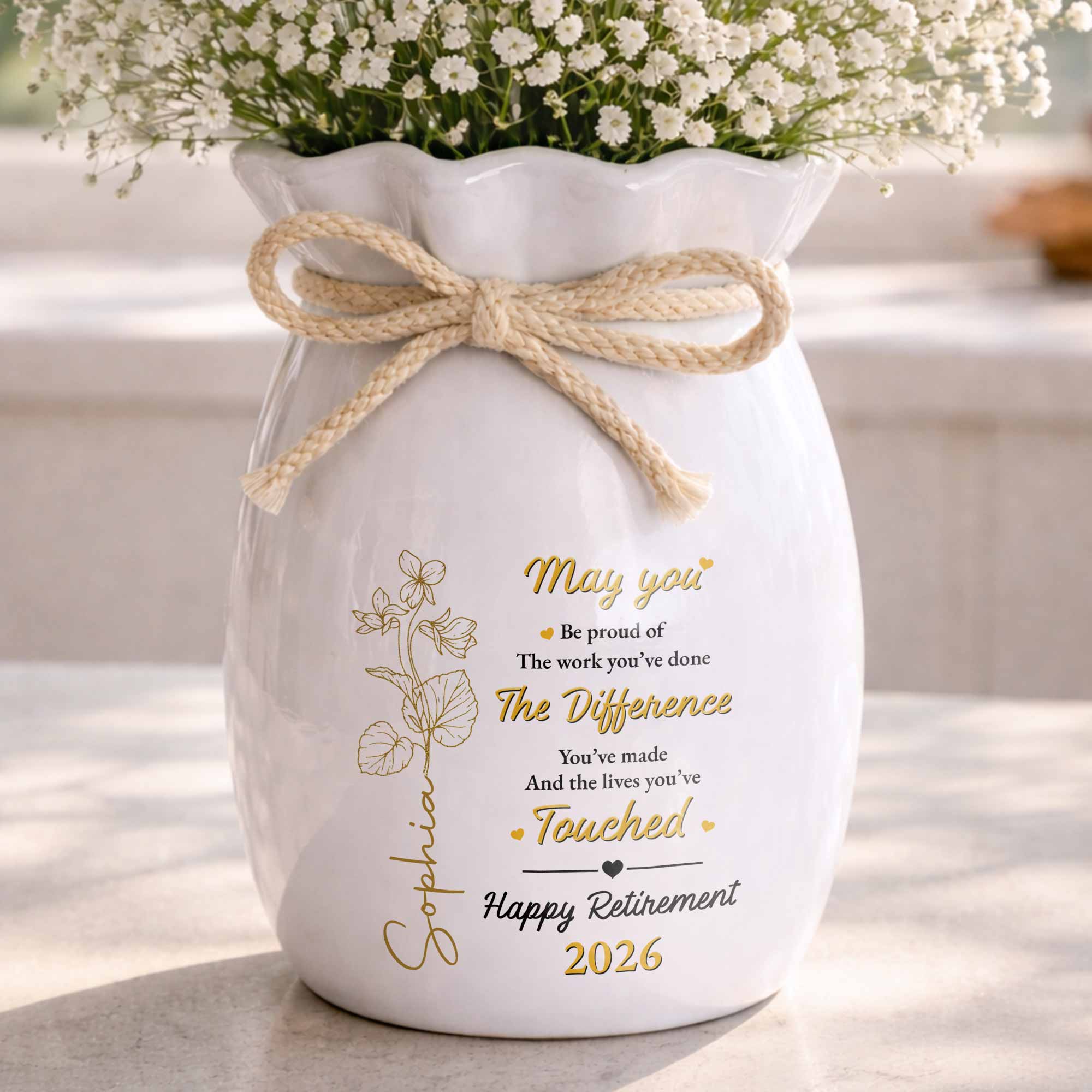 Personalized Ribbon Tie Flower Vase Custom Gift for Retirement Ribbon Tie Ceramic Flower Vase GradoCreations