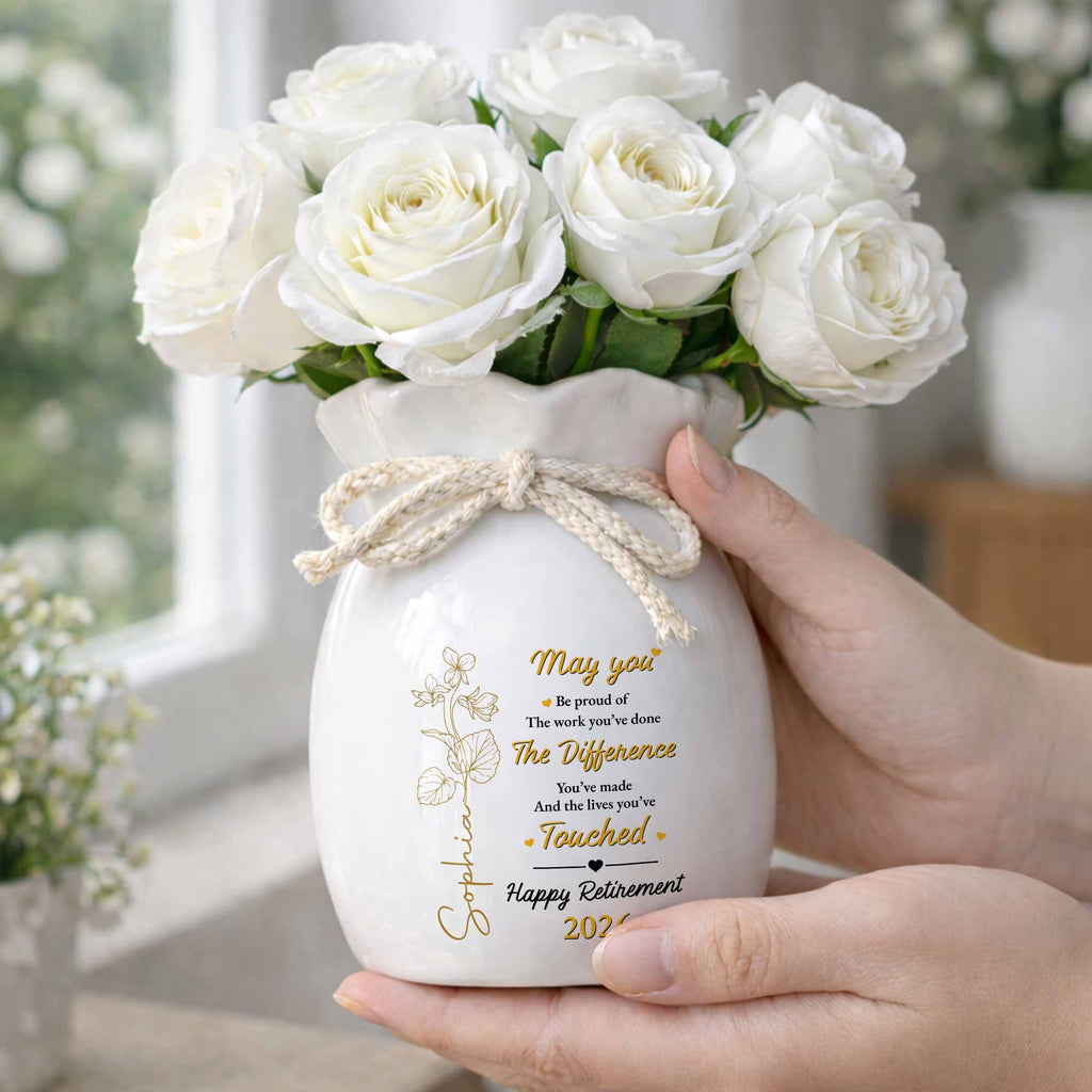 Personalized Ribbon Tie Flower Vase Custom Gift for Retirement Ribbon Tie Ceramic Flower Vase GradoCreations
