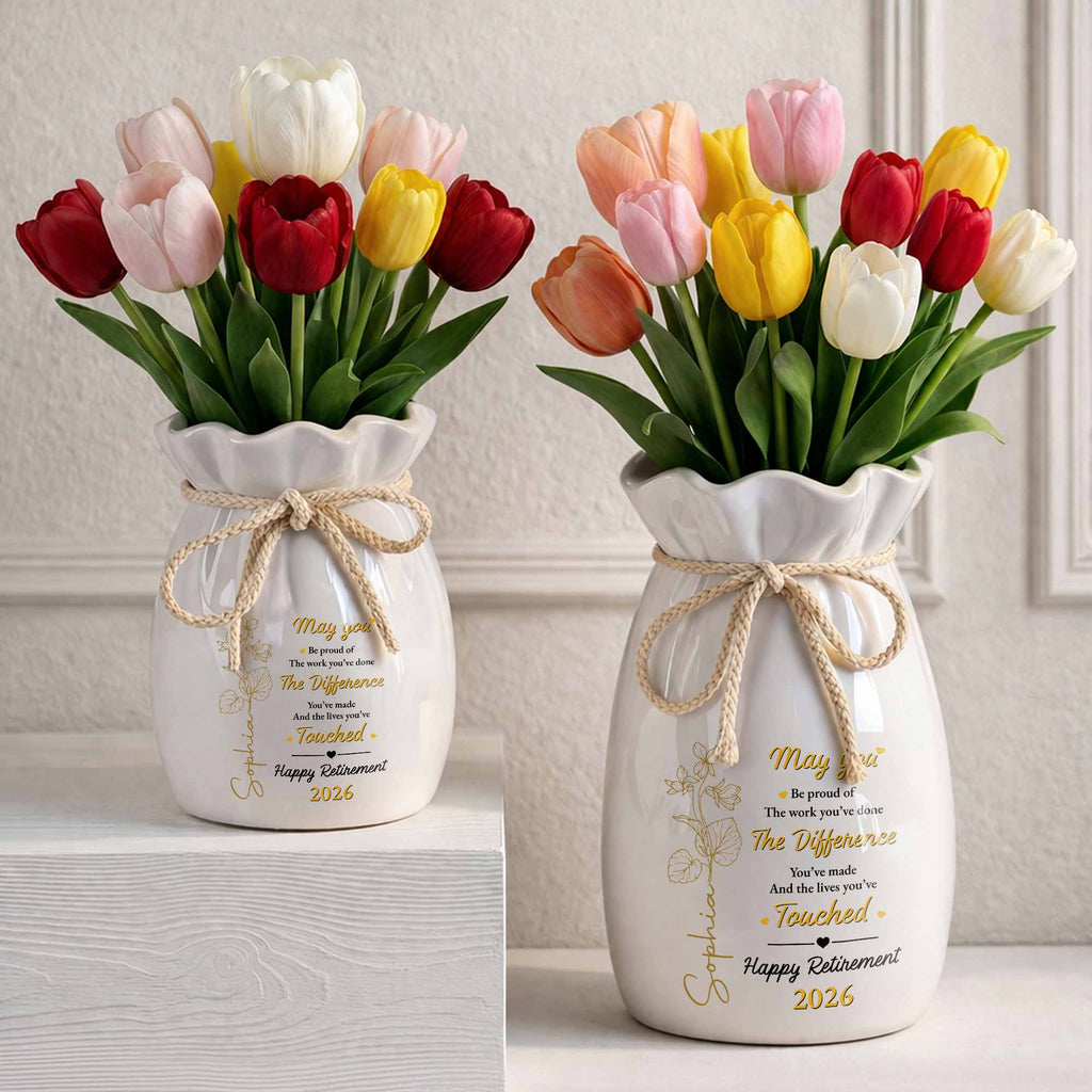Personalized Ribbon Tie Flower Vase Custom Gift for Retirement Ribbon Tie Ceramic Flower Vase GradoCreations