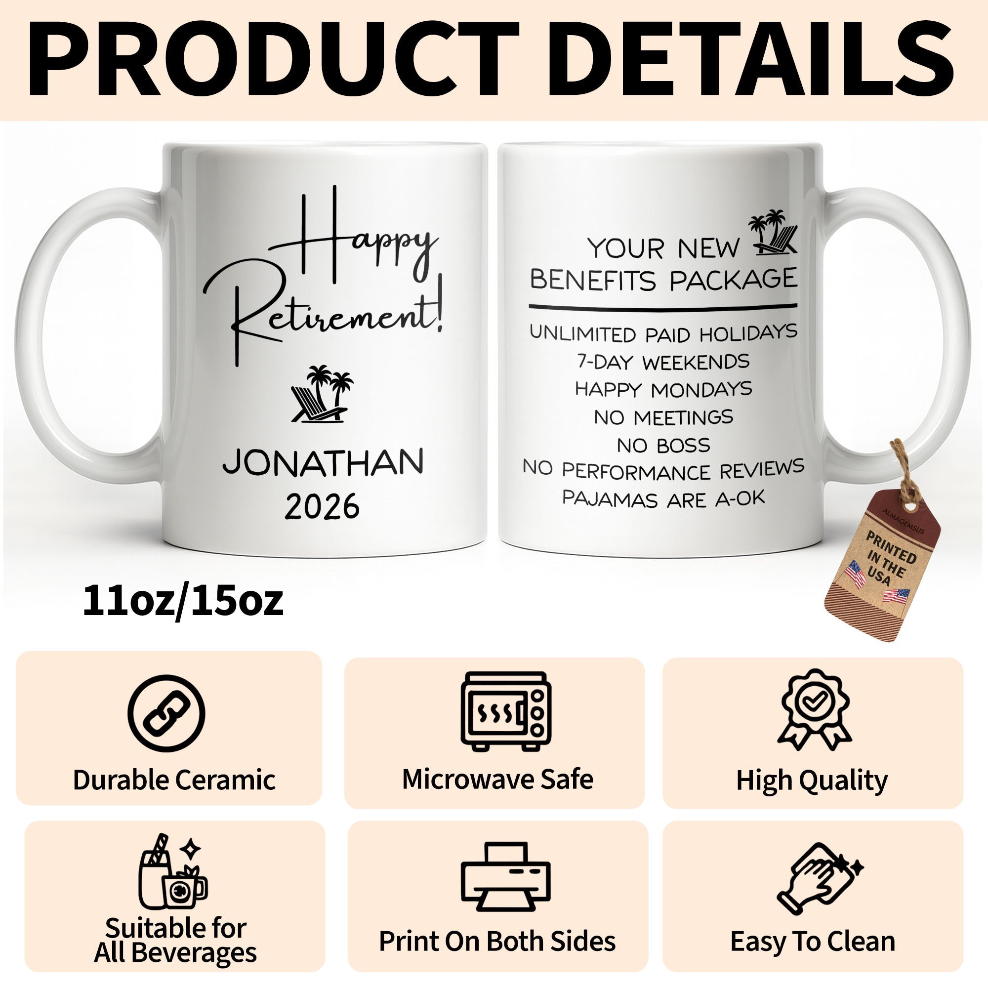 Personalized Retirement Coffee Mug Custom Name Beach Chair Gift Edge-to-edge Mug GradoCreations
