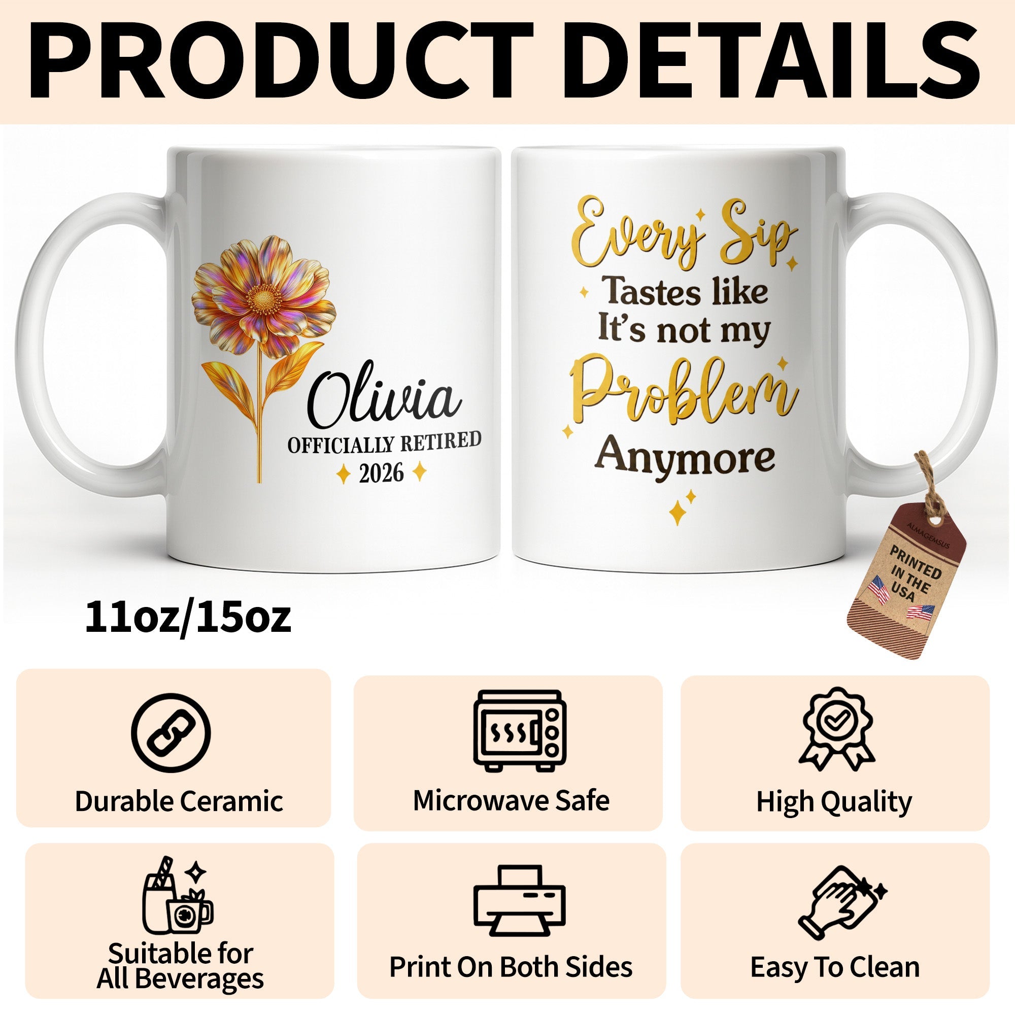 Personalized Floral Coffee Mug Custom Name Retirement Gift Edge-to-edge Mug GradoCreations