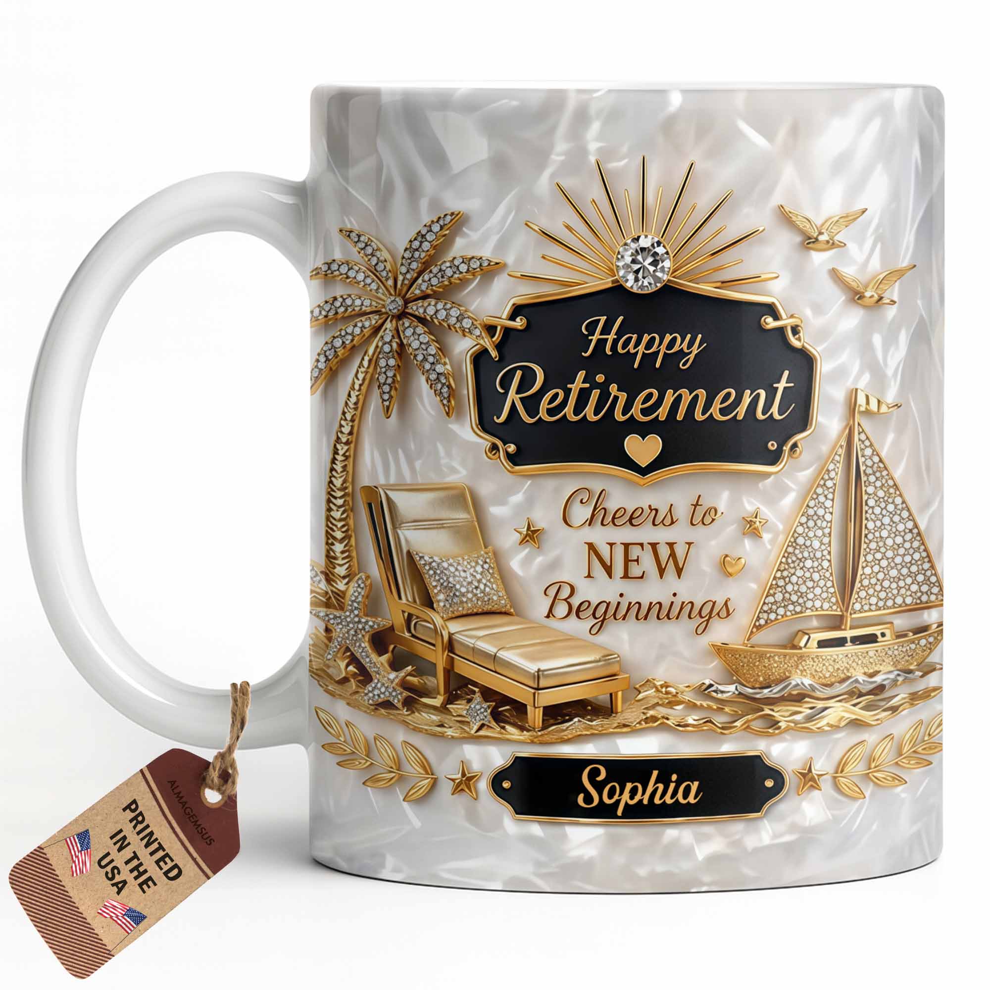 Personalized Coffee Mug Custom Palm Tree & Sailboat Retirement Gift Edge-to-edge Mug GradoCreations