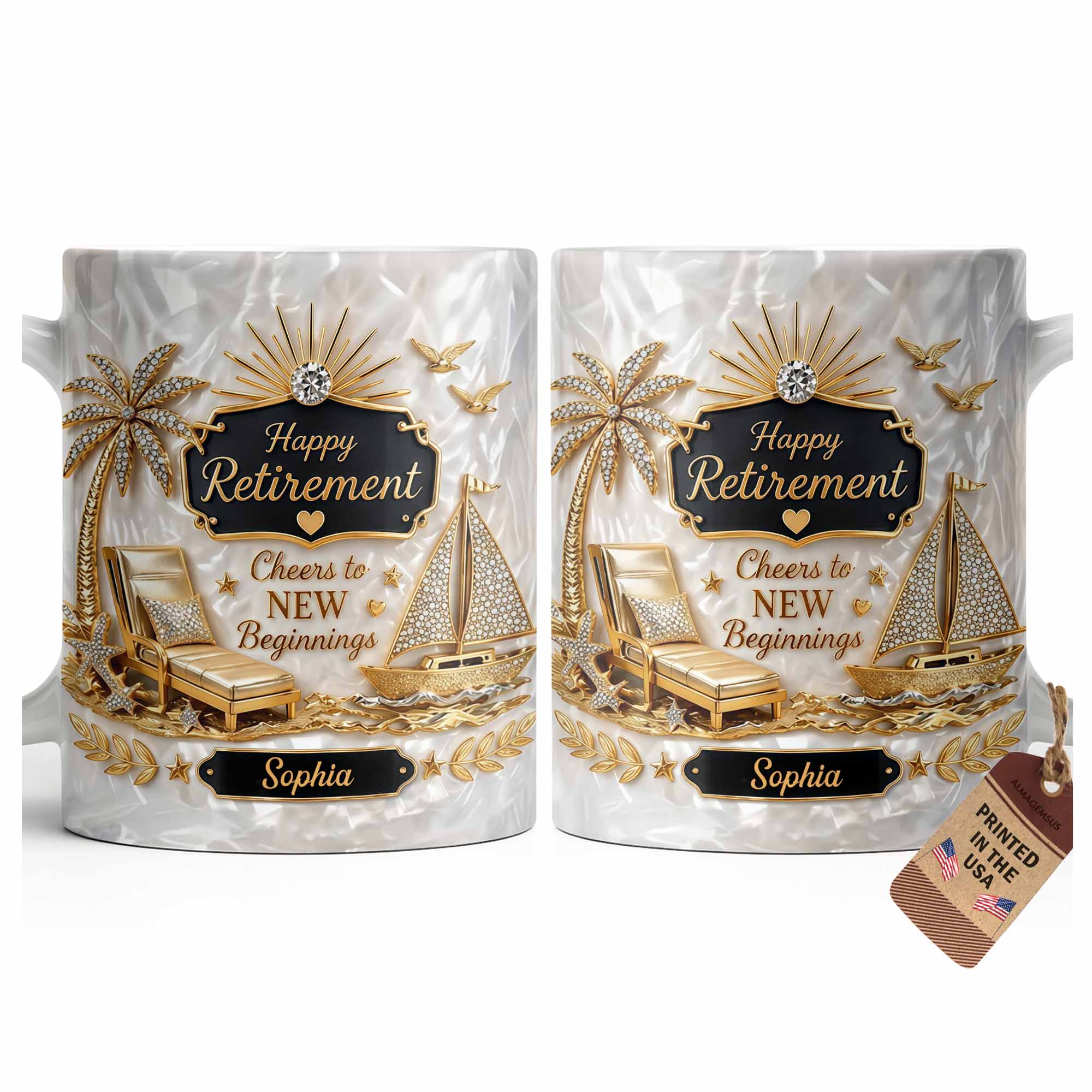 Personalized Coffee Mug Custom Palm Tree & Sailboat Retirement Gift Edge-to-edge Mug GradoCreations