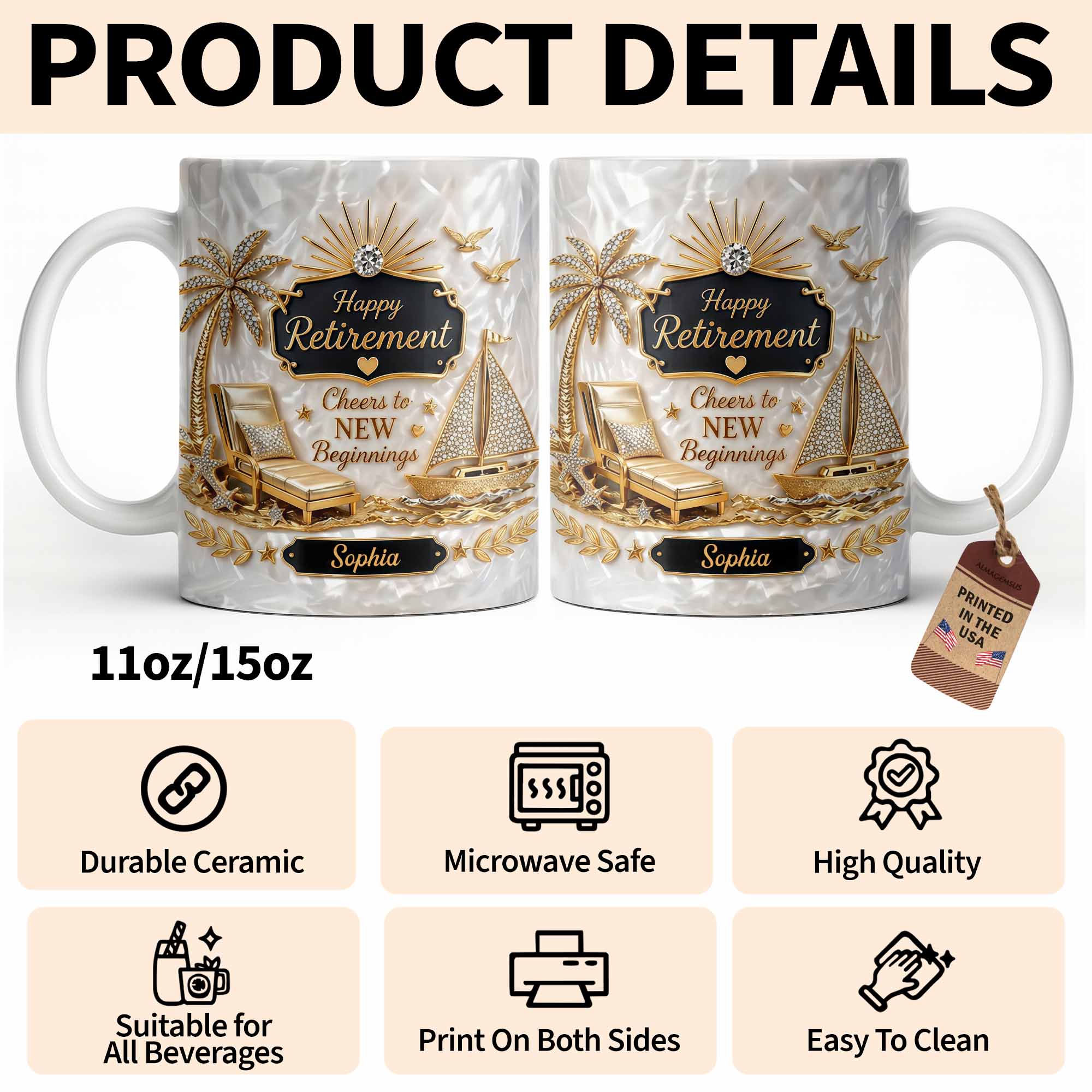 Personalized Coffee Mug Custom Palm Tree & Sailboat Retirement Gift Edge-to-edge Mug GradoCreations