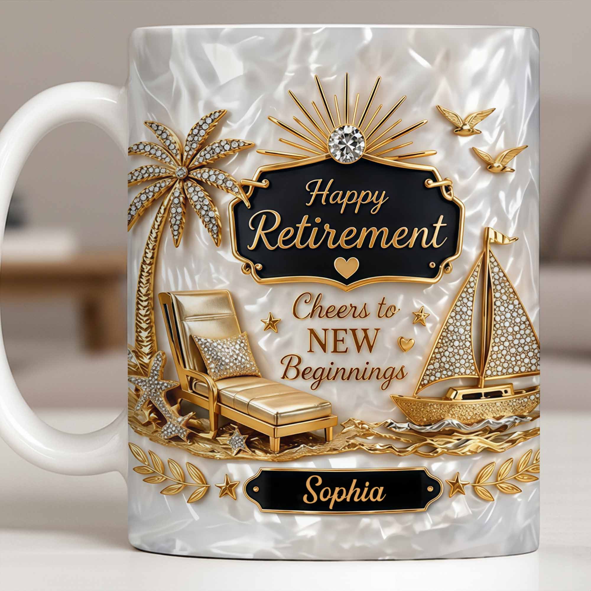 Personalized Coffee Mug Custom Palm Tree & Sailboat Retirement Gift Edge-to-edge Mug GradoCreations