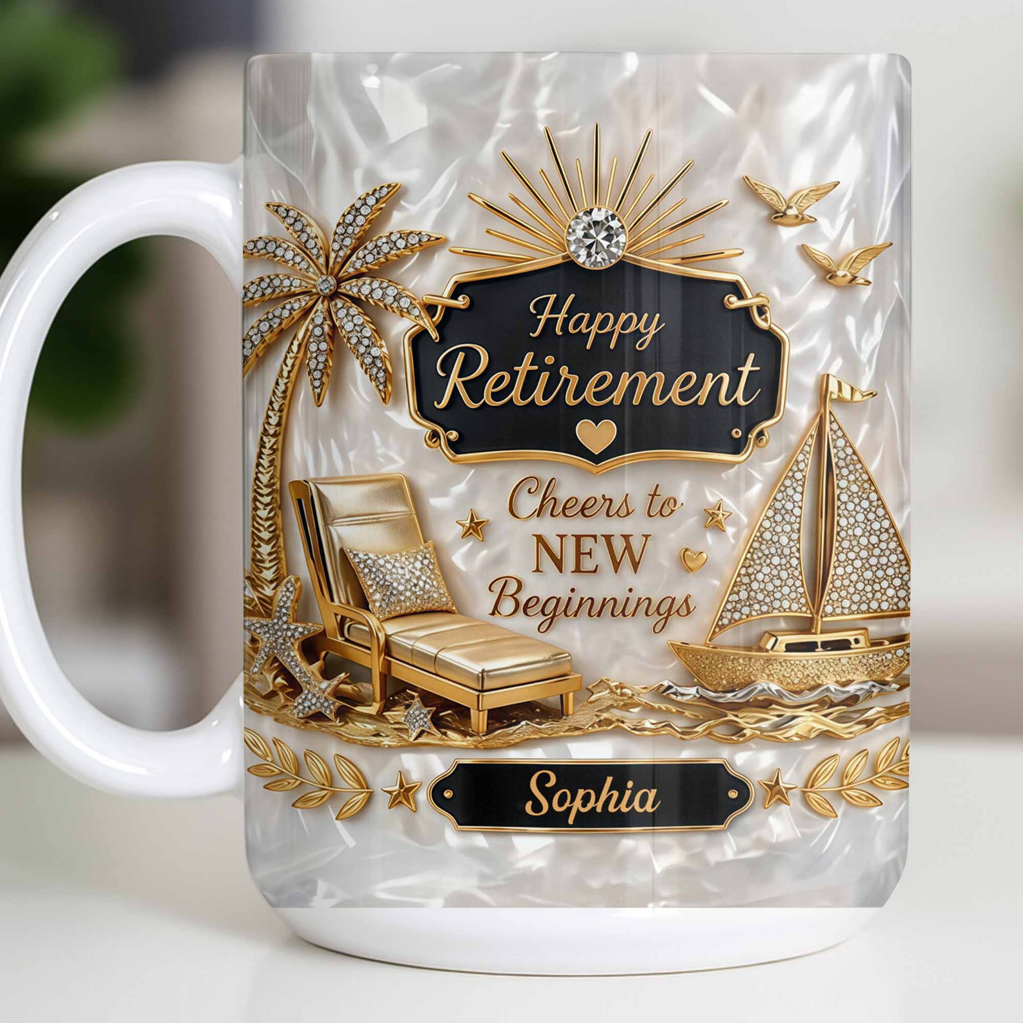 Personalized Coffee Mug Custom Palm Tree & Sailboat Retirement Gift Edge-to-edge Mug GradoCreations