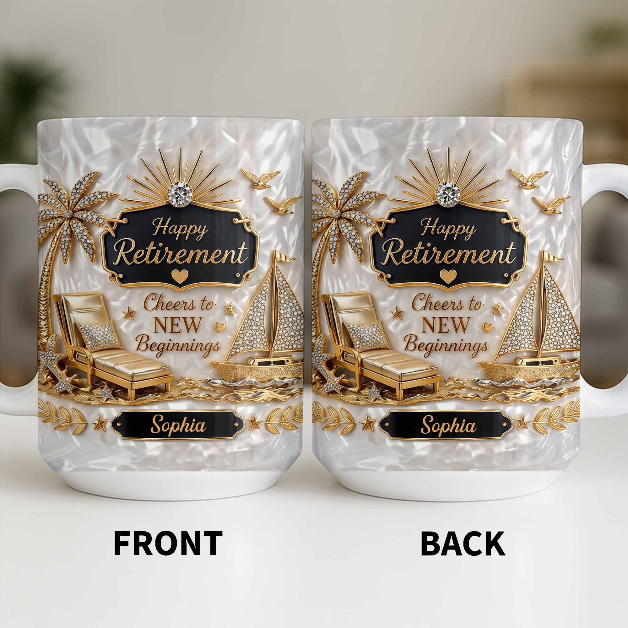 Personalized Coffee Mug Custom Palm Tree & Sailboat Retirement Gift Edge-to-edge Mug GradoCreations