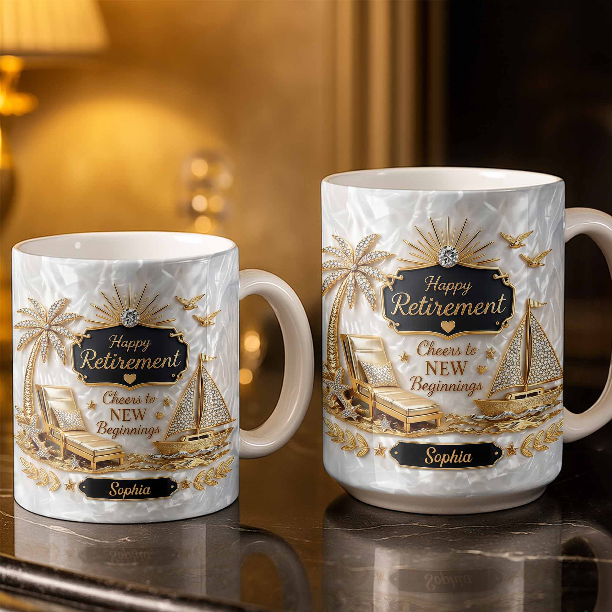 Personalized Coffee Mug Custom Palm Tree & Sailboat Retirement Gift Edge-to-edge Mug GradoCreations
