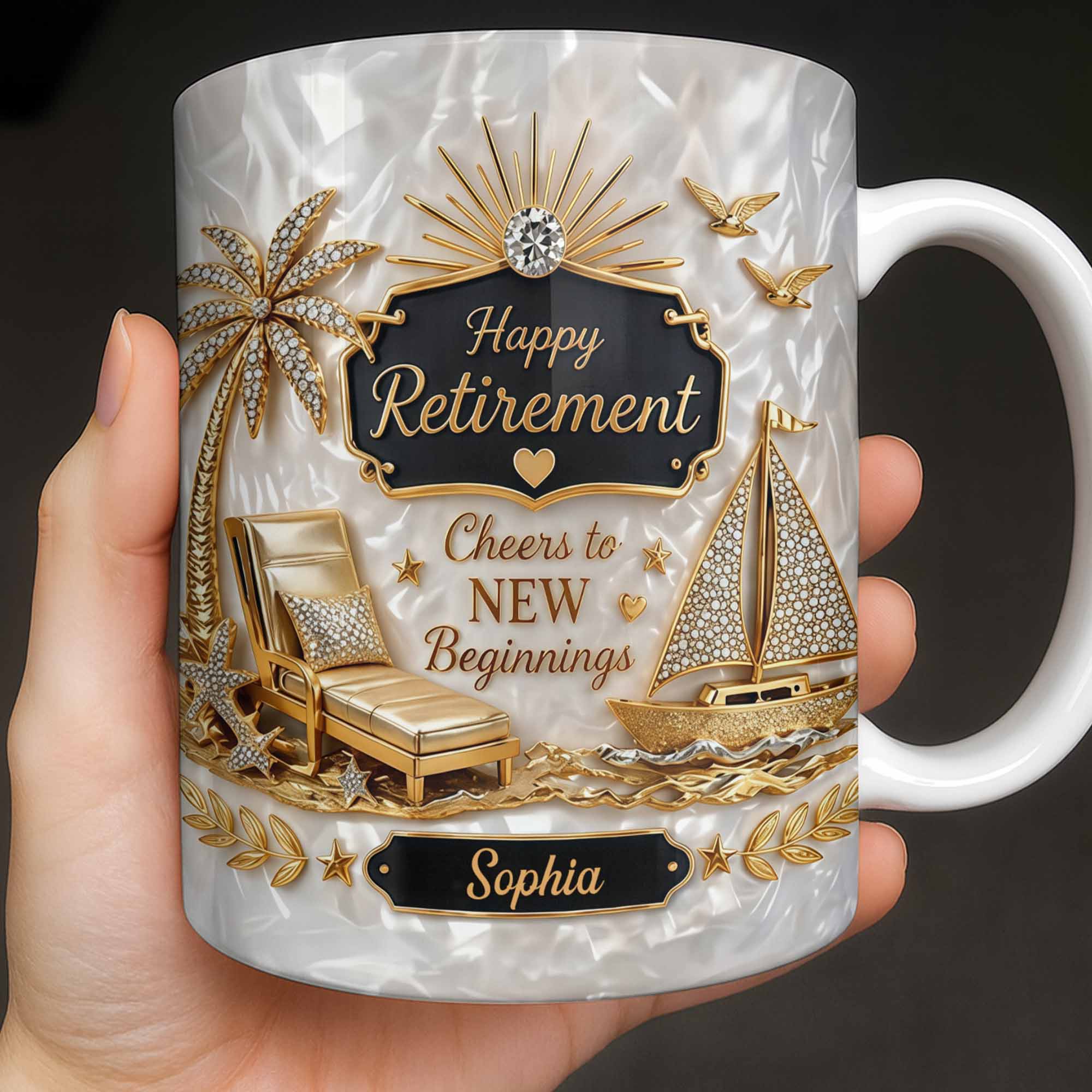 Personalized Coffee Mug Custom Palm Tree & Sailboat Retirement Gift Edge-to-edge Mug GradoCreations