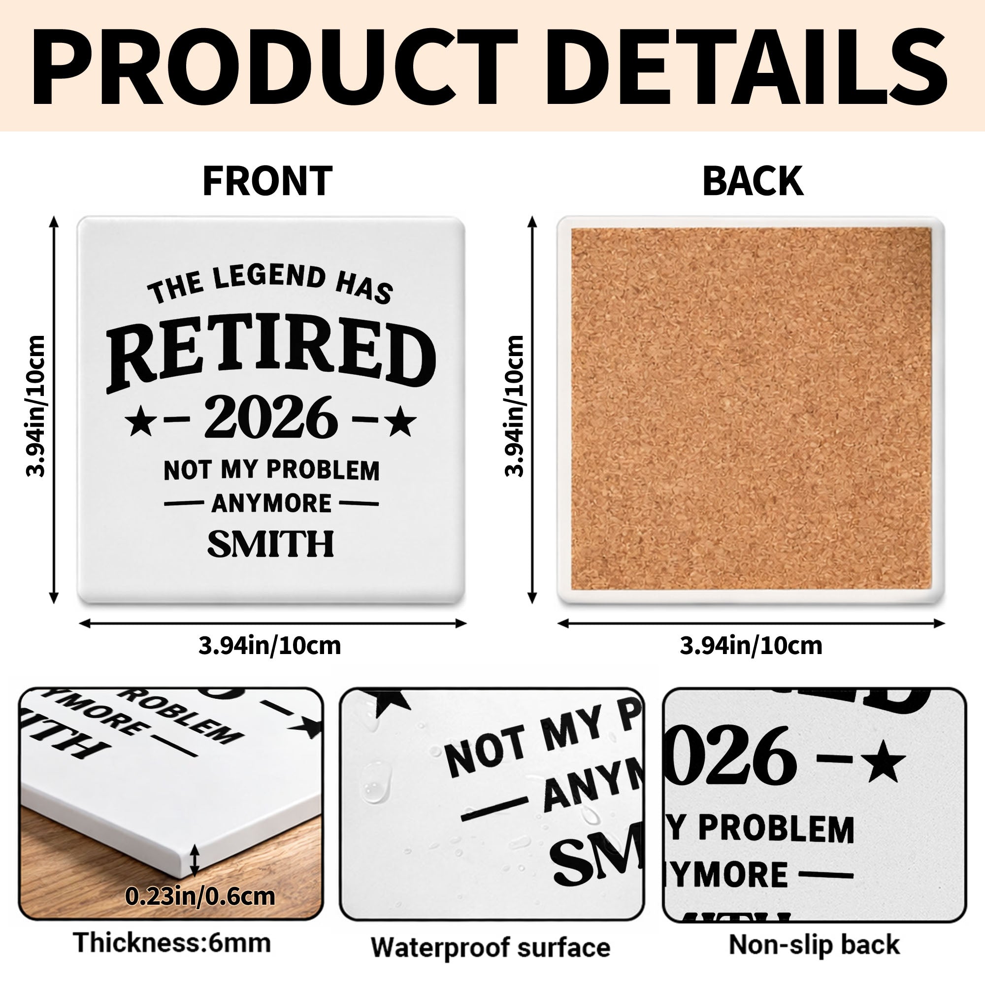 Personalized Ceramic Coaster Custom Name Retirement Gift Square Ceramic Coaster GradoCreations