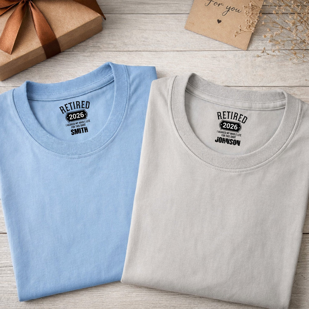 Personalized Retirement T-Shirt Custom Year Gift for Dad Basic Shirt, Print inside back collar GradoCreations