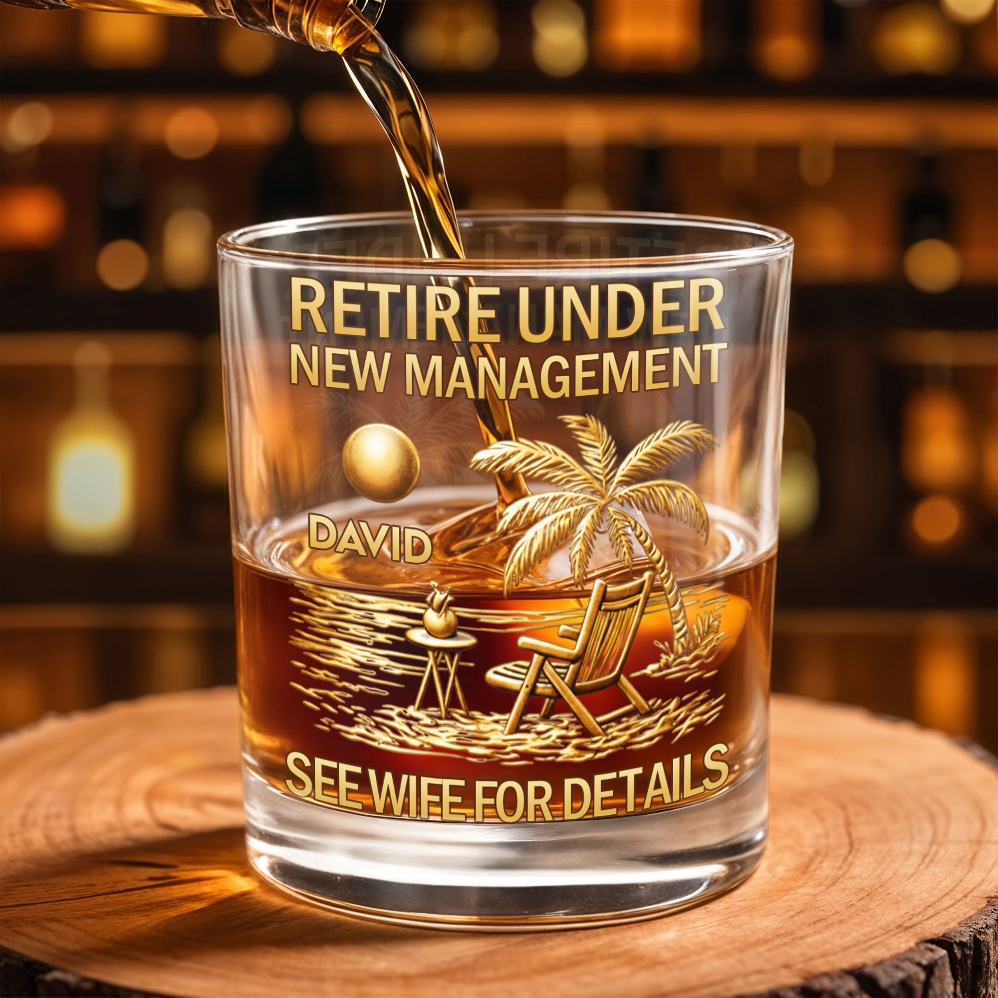 Personalized Whiskey Glass with Beach Scene Custom Name Gift for Retirement
