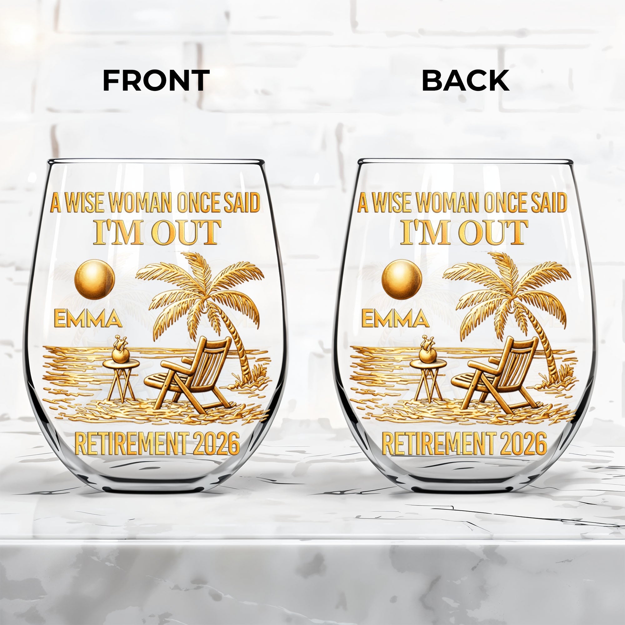 Personalized Stemless Wine Glass Beach Chair Retirement Gift