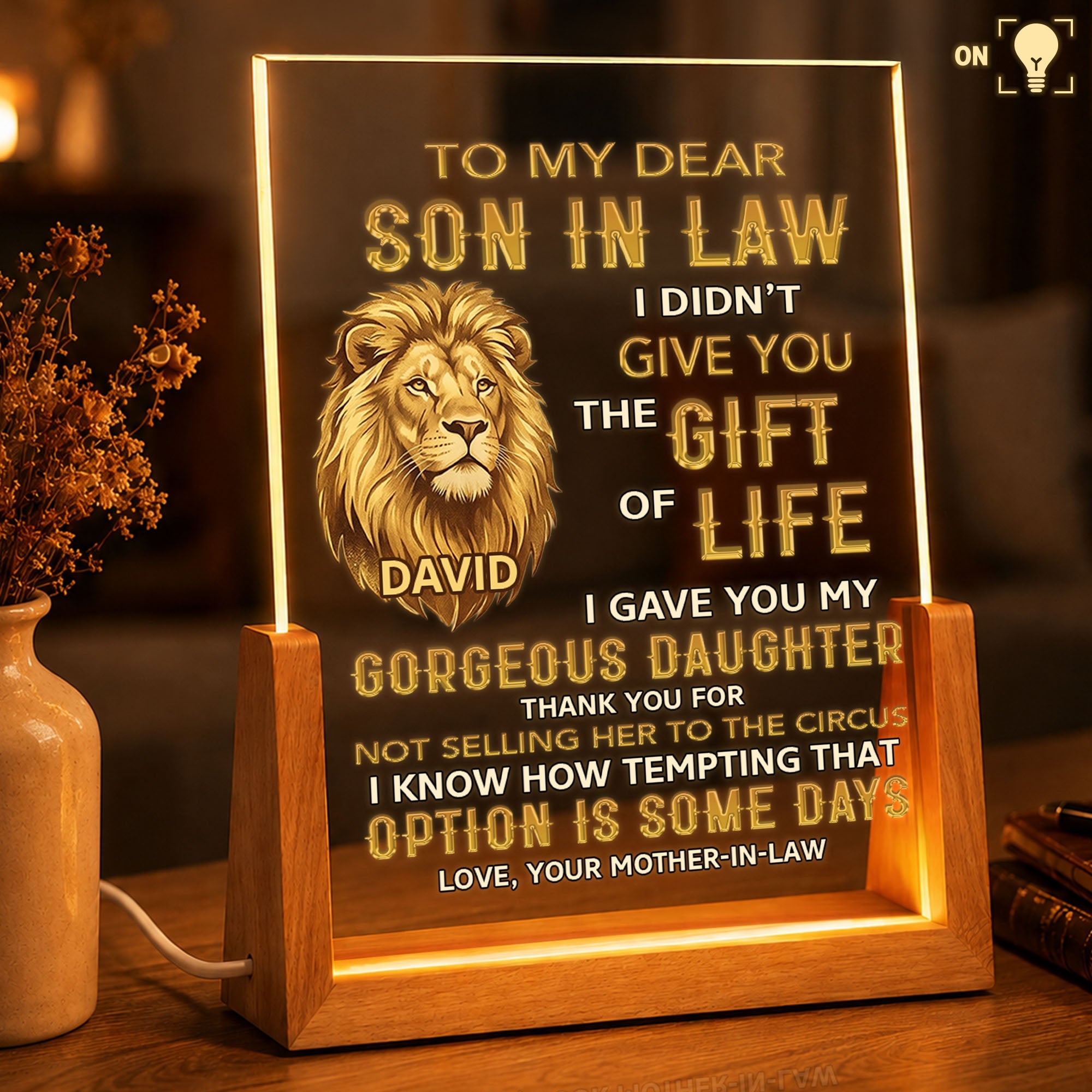 Personalized Acrylic Night Light for Son-in-Law with Wood Base Wood and Acrylic Night Light GradoCreations