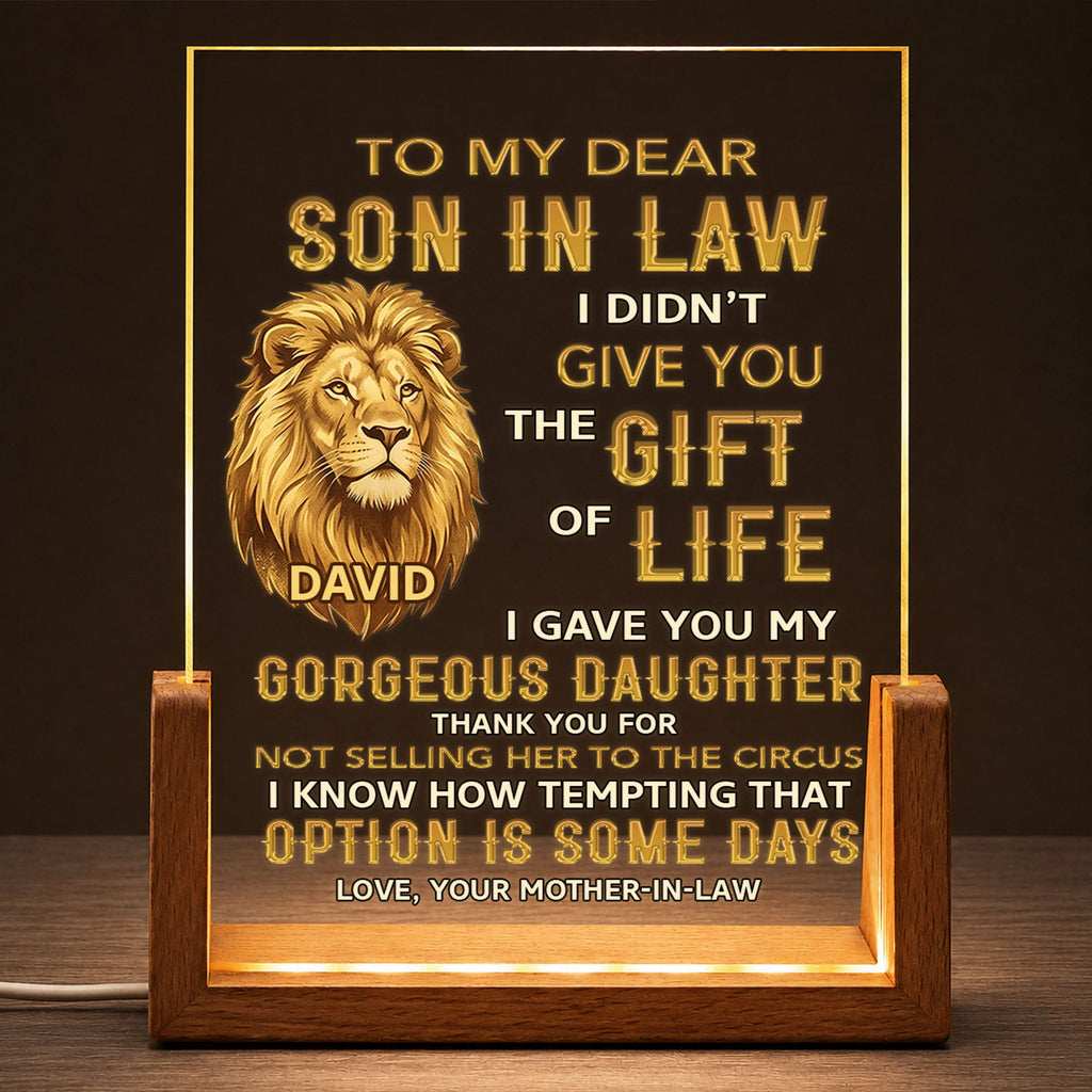Personalized Acrylic Night Light for Son-in-Law with Wood Base Wood and Acrylic Night Light GradoCreations