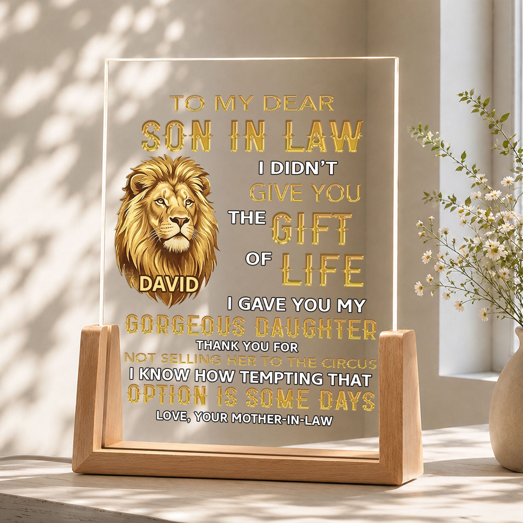 Personalized Acrylic Night Light for Son-in-Law with Wood Base Wood and Acrylic Night Light GradoCreations