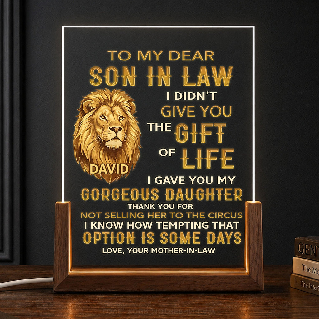 Personalized Acrylic Night Light for Son-in-Law with Wood Base Wood and Acrylic Night Light GradoCreations