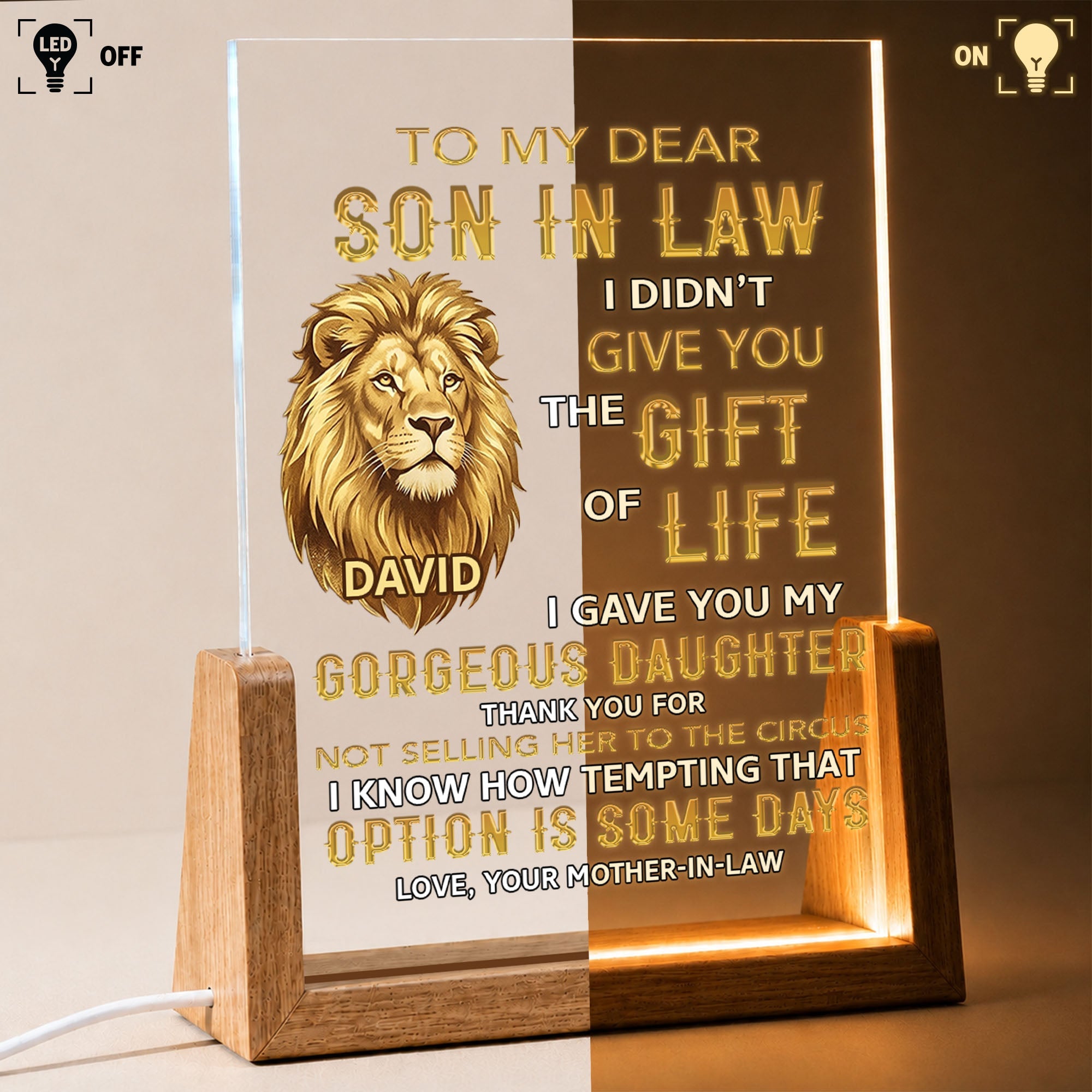 Personalized Acrylic Night Light for Son-in-Law with Wood Base Wood and Acrylic Night Light GradoCreations