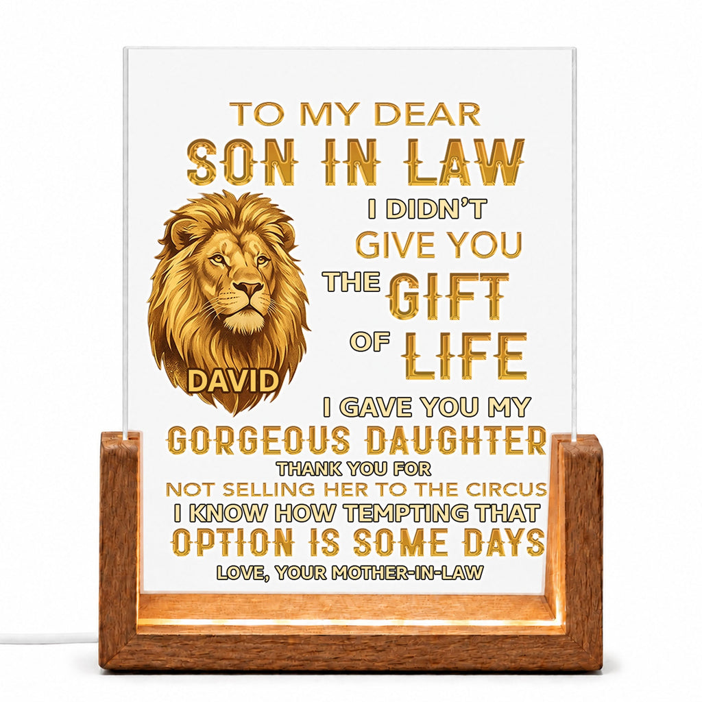 Personalized Acrylic Night Light for Son-in-Law with Wood Base Wood and Acrylic Night Light GradoCreations
